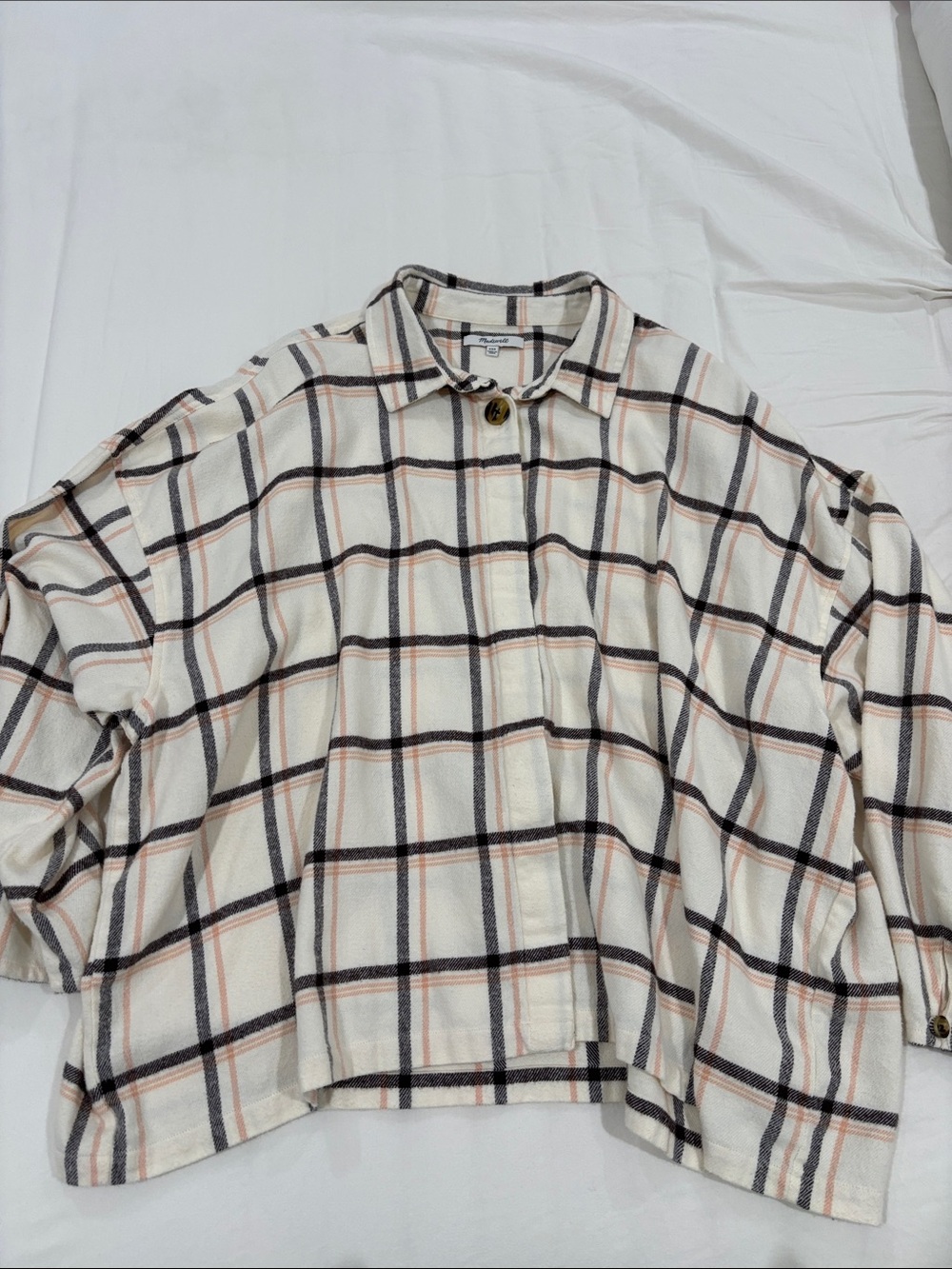 Cream Plaid Button-Up Shirt Jacket with Black and Blush Stripes